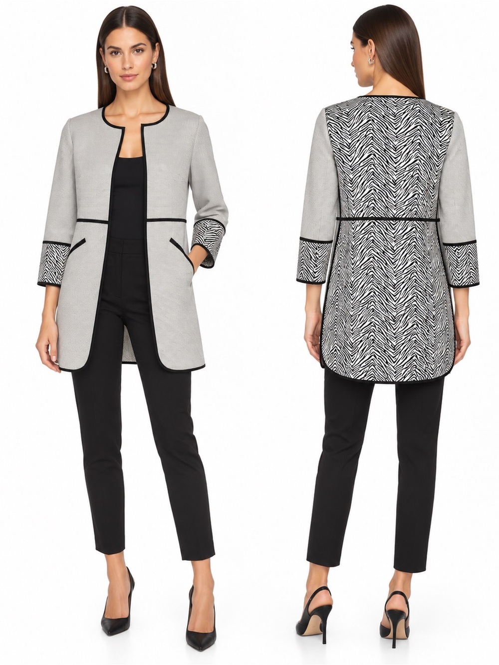 Aden Black White Zebra Print Long Open Front Coat Jacket Statement